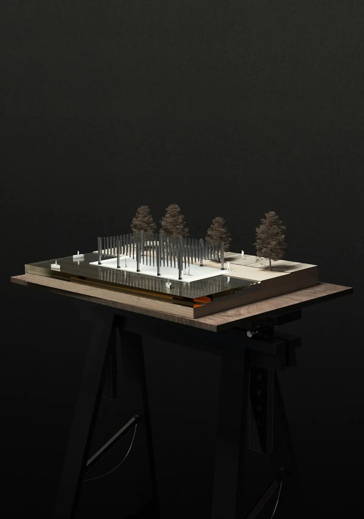 Maqueta y planos de arquitectura sobre una mesa