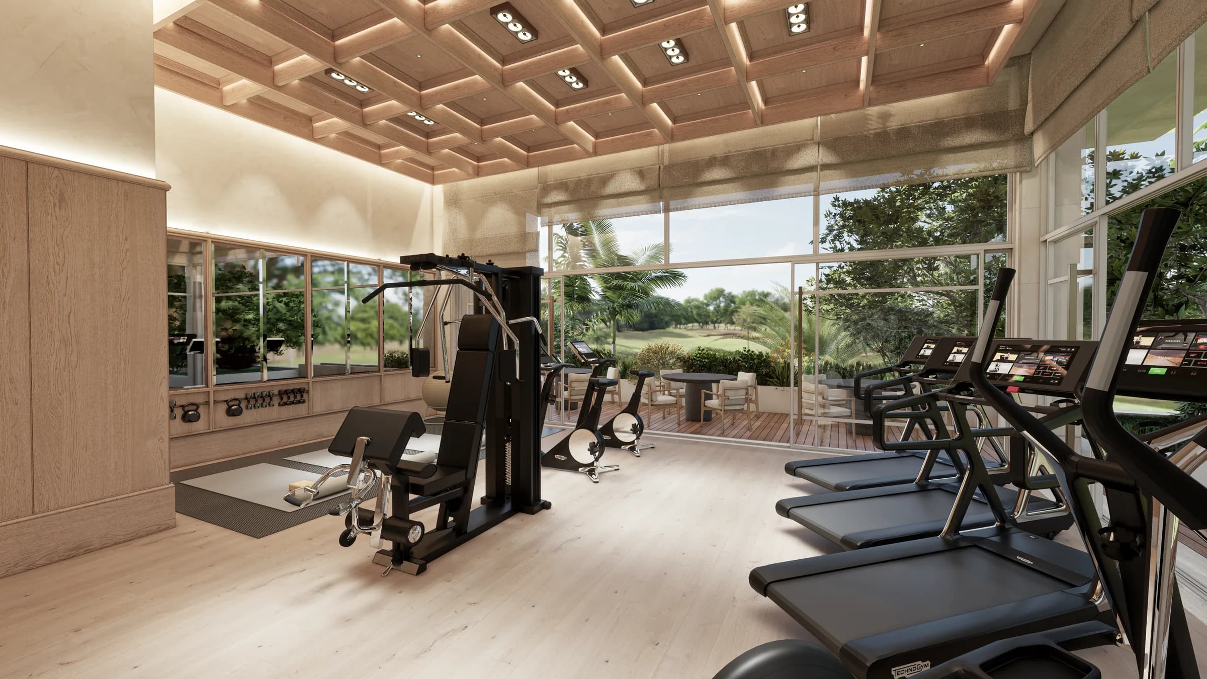 Gimnasio con vista al jardín